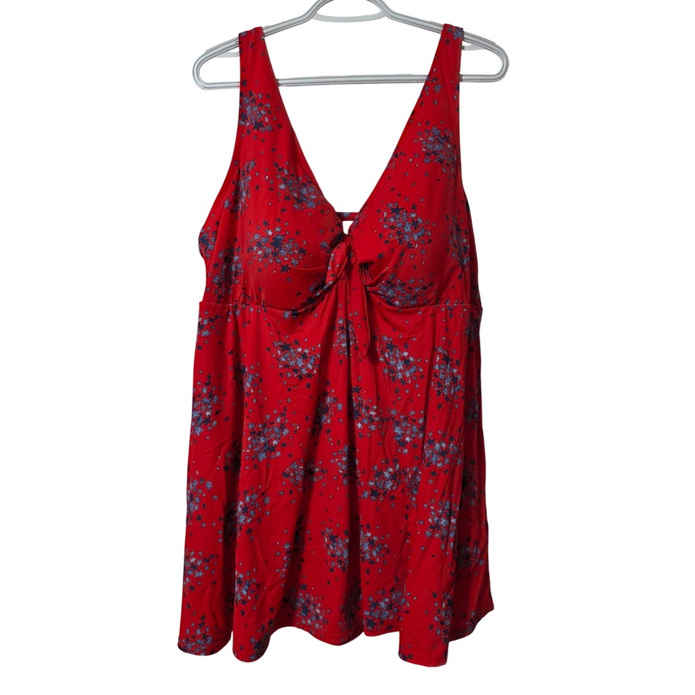 Catherines Womens 24W Swim Dress Red Patriotic Star Scattered One Piece Swimsuit